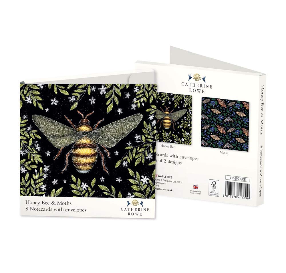 Museums & Galleries Pack of 8 Blank Notecards from Catherine Rowe Honey Bee & Moths Notecards 4 Each of 2 Designs