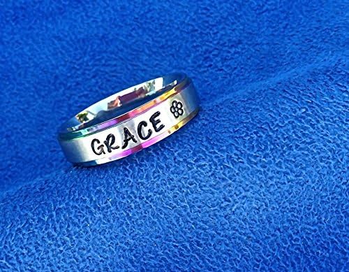 Personalized Hand Stamped Ring~Rainbow Trimmed~Multicolor~Comfort Fit Stainless Steel~Any Name or Names~Hand Engraved Name Ring