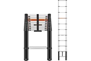 ICARRY 10.8 FT Aluminum Lightweight Extension Collapsible Ladder Soft Close Design Multi-Purpose Giant Ladder, Lightweight Telescoping Ladder with Wide Treads for RV Roof Attic Home, 300 LB Capacity
