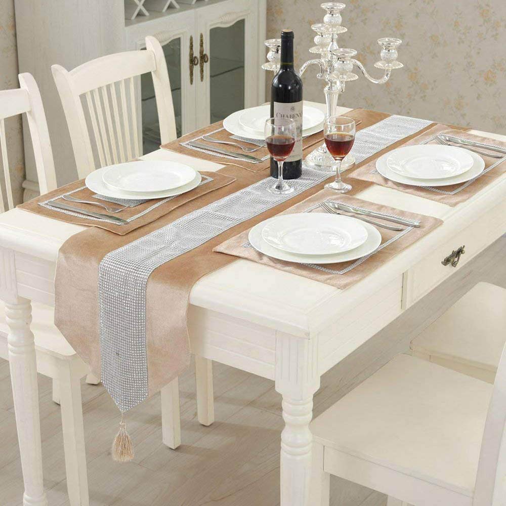 Time to Sparkle Set of 1 Velvet Table Runner + 4 Placemat Table Mats Thick Velvet Satin Tasseled Xmas (Velvet-champagne, 4*Placemats + 1*Runner)
