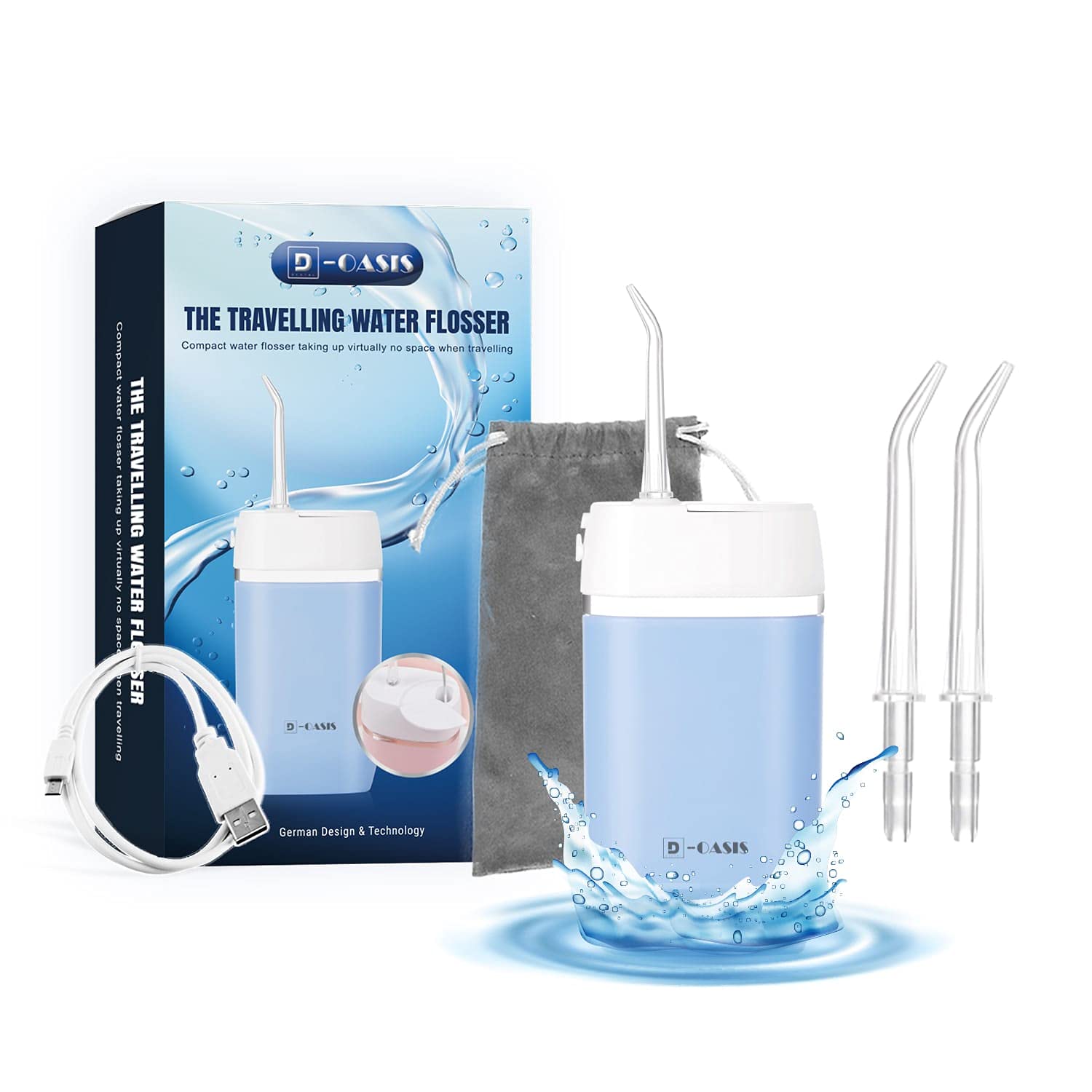 D-Oasis Portable Travel Water Flossers for Teeth Cordless (2 tips)-IPX7 Waterproof Design 120 ml Tank with Powerful Electric Flosser - Rechargeable Water Picker Water Flosser for Home, Office & Travel