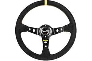 RASTP Universal Racing Steering Wheel Suede Deep Dish 13.58”/345mm 6 Bolts with Horn Button Include Cable,Wrench (Yellow)