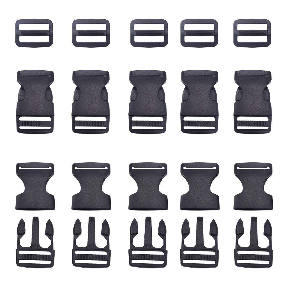 CEEYSEE 20 Set Flat Buckles Plastic Flat Side Release Buckles and Tri-Glide Slides Quick Side Release Buckle for DIY Craft Bracelets Pets Dog Collar Strap Webbing Backpack（1inch/BKZ）