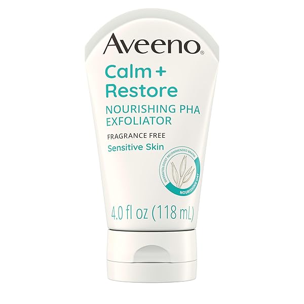 AVEENO CALM + RESTORE NOURISHING PHA FACIAL EXFOLIATOR DAILY FOR SENSITIVE SKIN, FRAGRANCE-FREE & NON-ABRASIVE OAT FORMULA TO GENTLY EXFOLIATE & CLEANSE SKIN, HYPOALLERGENIC, 4 FL. OZ