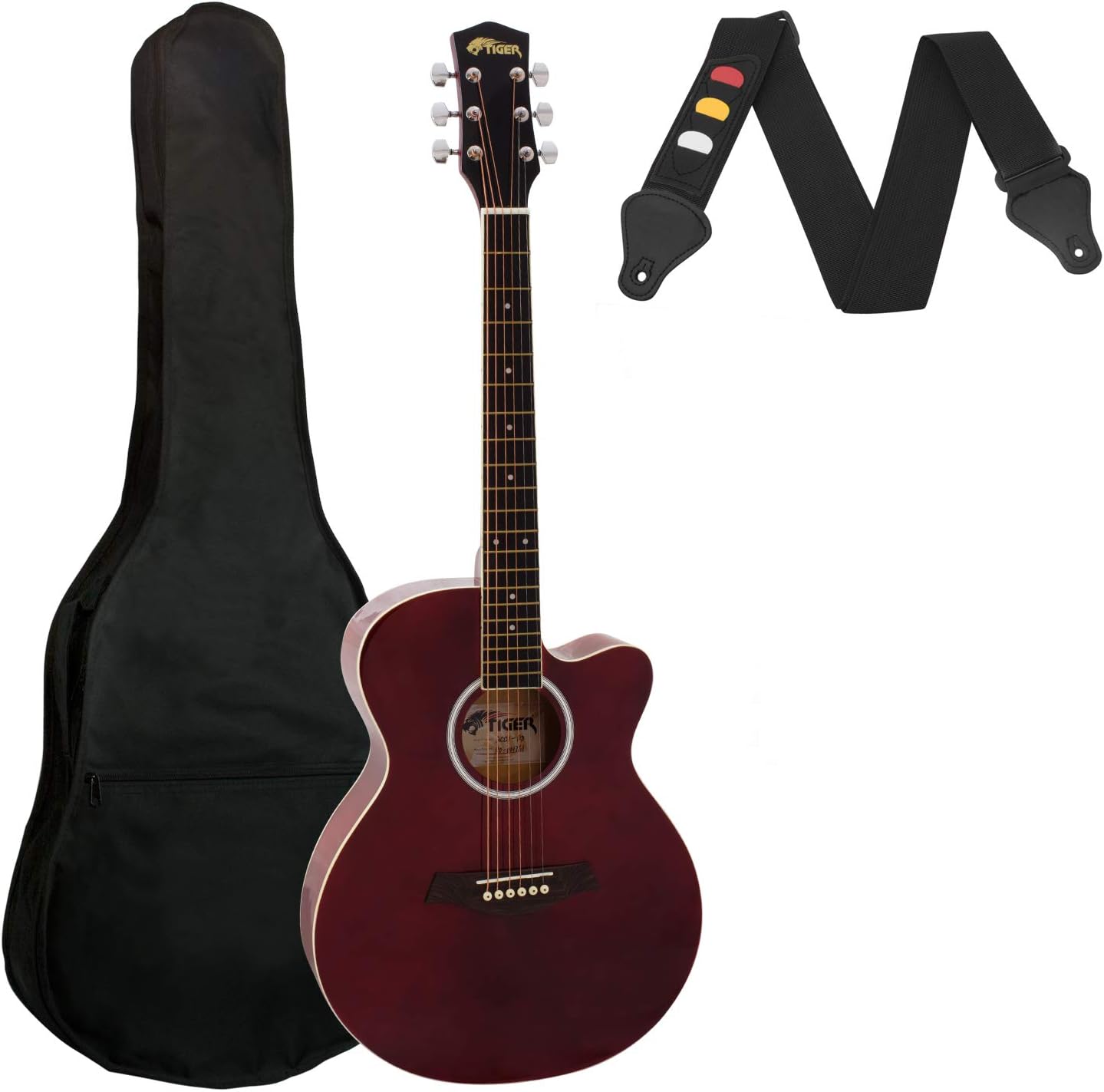 Tiger ACG1-RD Acoustic Guitar with Steel Strings, Small Body 4/4, for Beginners aged 11+, Bag, Strap, Spare Strings