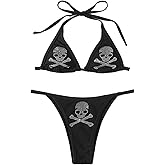 WDIRARA Women's Skull Pattern Halter Triangle Thong Sexy 2 Piece Bikini Swimsuit