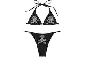 WDIRARA Women's Skull Pattern Halter Triangle Thong Sexy 2 Piece Bikini Swimsuit