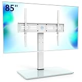FITUEYES Universal TV Stand with Swivel Mount for 50-85 inch Flat Screens - Height Adjustable Tempered Glass Base Holds up to 110 lbs, White
