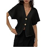 GORGLITTER Women's Dolman Short Sleeve Button Up Shirt Blouses Dressy Casual V Neck Office Business Casual Work Tops