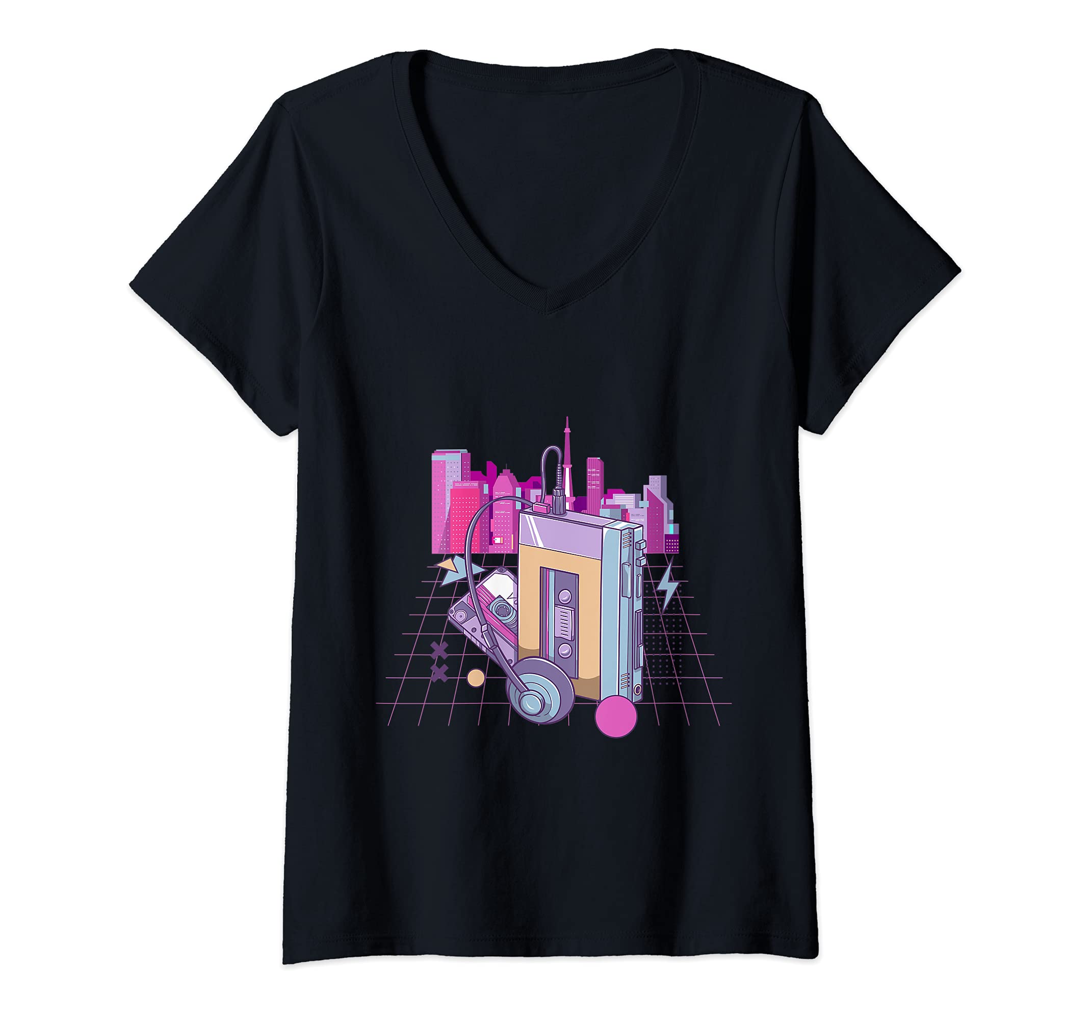 Womens 80's Retro Japanese Vaporwave LoFi Cassette Music Player V-Neck T-Shirt