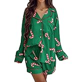 LYSINK Women Christmas Pajamas Shorts Set Santa Claus Pjs Long Sleeve Button Down Shirt and Shorts 2 Piece Lounge Sleepwear