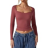 QINSEN Womens Slimming Fit Sweetheart Neck Long Sleeve Basic Crop Tops Stretch Going Out Tee Shirt