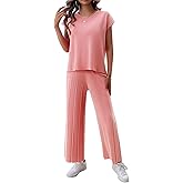 BestWendding Womens 2 Pieces Lounge Sets Knit Sweater Sets Casual Cap Sleeve Tops with Wide Leg Pants Tracksuits
