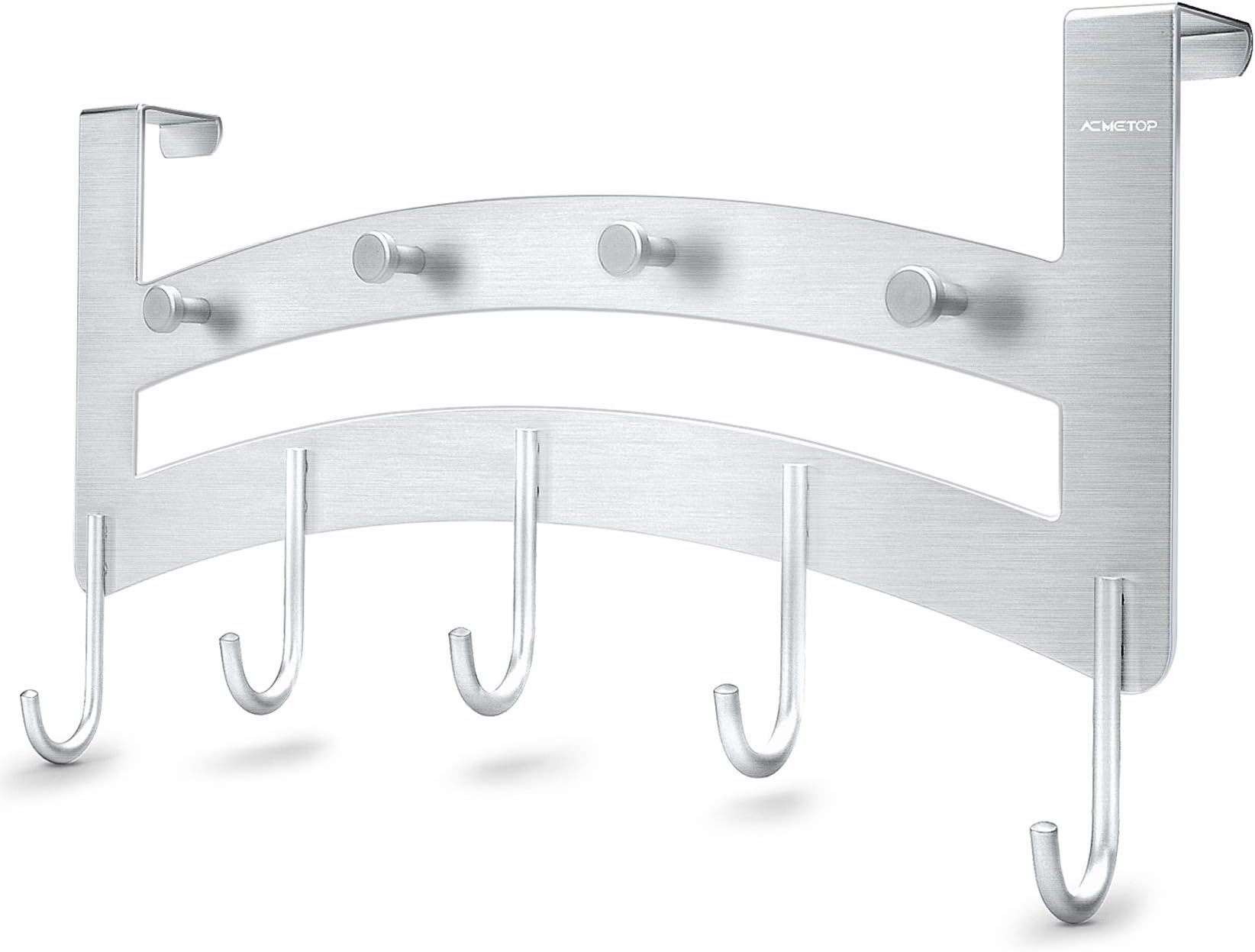 ACMETOP Over The Door Hook Hanger, Heavy-Duty 9 Hook Organizer Rack for Coat, Towel, Bag, Robe, Aluminum, Brush Finish(Silver)