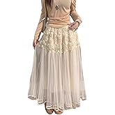 Women's Fairy Mesh Maxi Skirt Three-Dimensional Floral Renaissance Skirts Elastic A-Line High Waist Summer Long Skirt