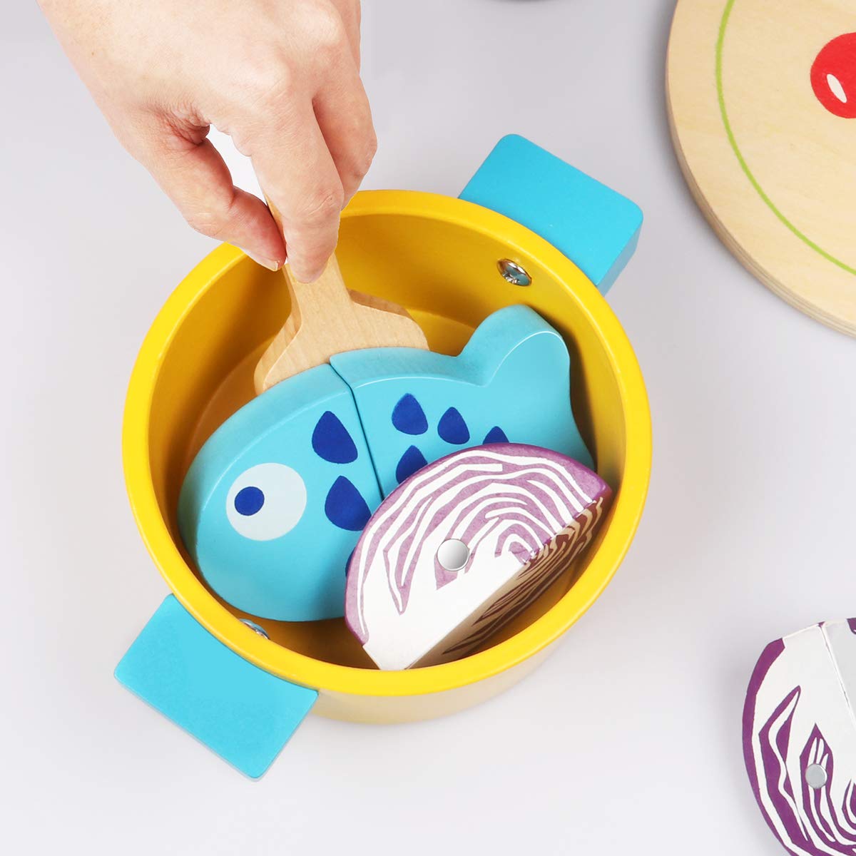 Lydaz Kids Cooking Set, Wooden Kitchen Pretend Play Toys with Cookware Utensils Pots and Pans Set, 11 PCS Play Kitchen Toy Accessories Cutting Magnetic Play Food for Toddlers Girls Boys