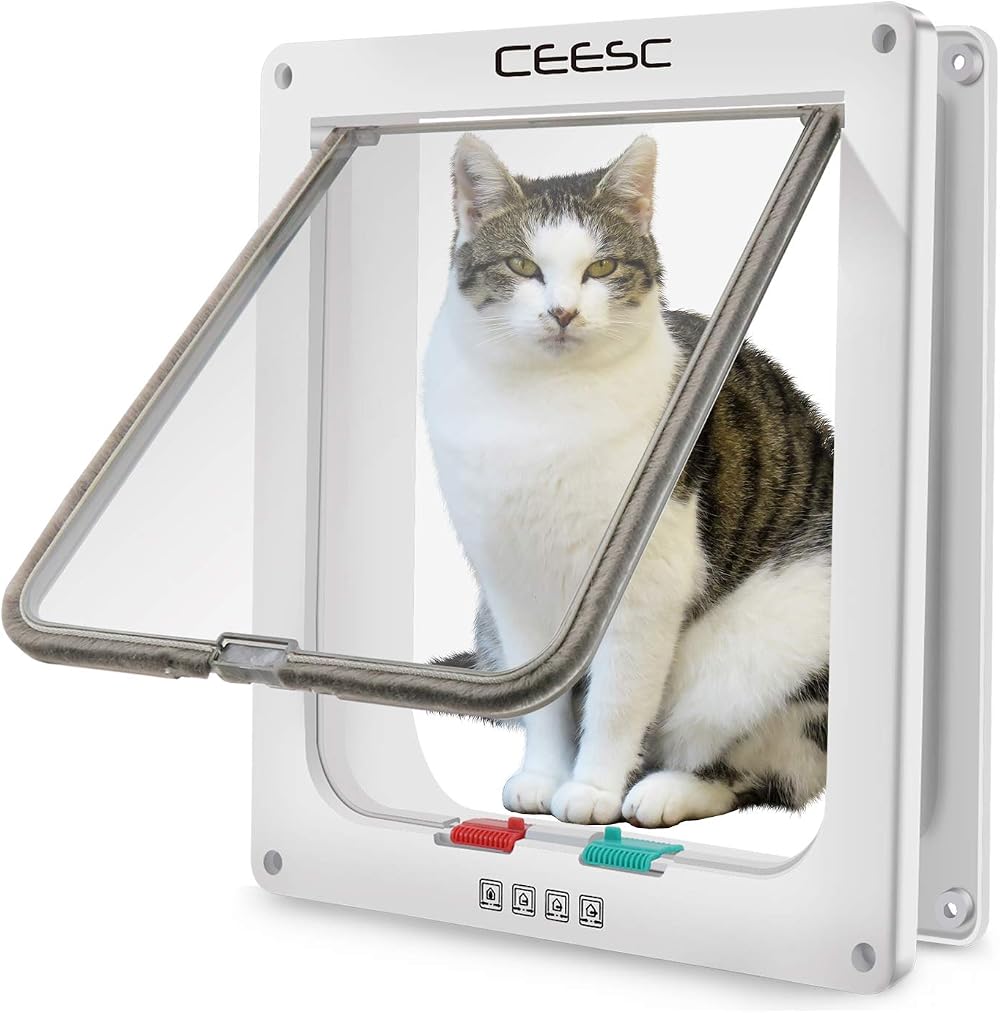 CEESC Large Cat Flap 4 Way Locking White Weatherproof Door Doorway 11x9.8 in