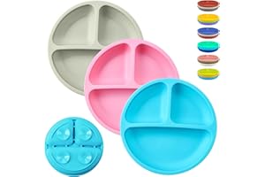 WOTOLIT Silicone Suction Plates for Toddler & Baby, Divided Design, Non-Slip Design, BPA Free, Microwave & Dishwasher Safe, 3 Pack Unbreakable Feeding Set (blue&pink&gray)