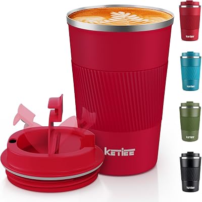 KETIEE 380ml Insulated Travel Mug with Leakproof Lid Red