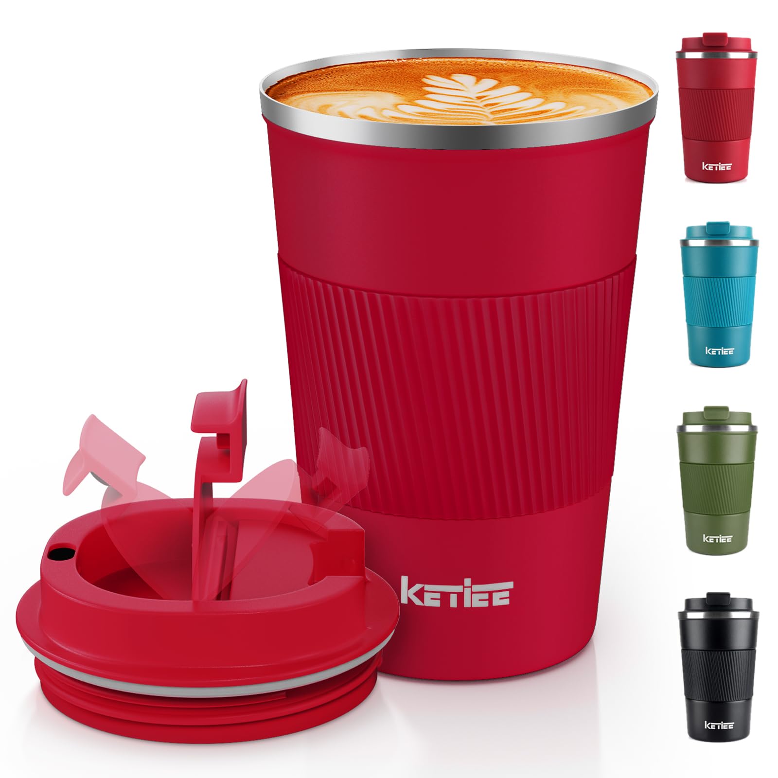 KETIEE 380ml Insulated Travel Mug With Leakproof Lid - Double Walled Stainless Steel Cup for Hot and Cold Drinks - Red