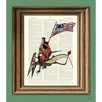 President George Washington Riding a Pterodactyl Dinosaur Beautifully Upcycled Dictionary Page Book Art Print General Washington