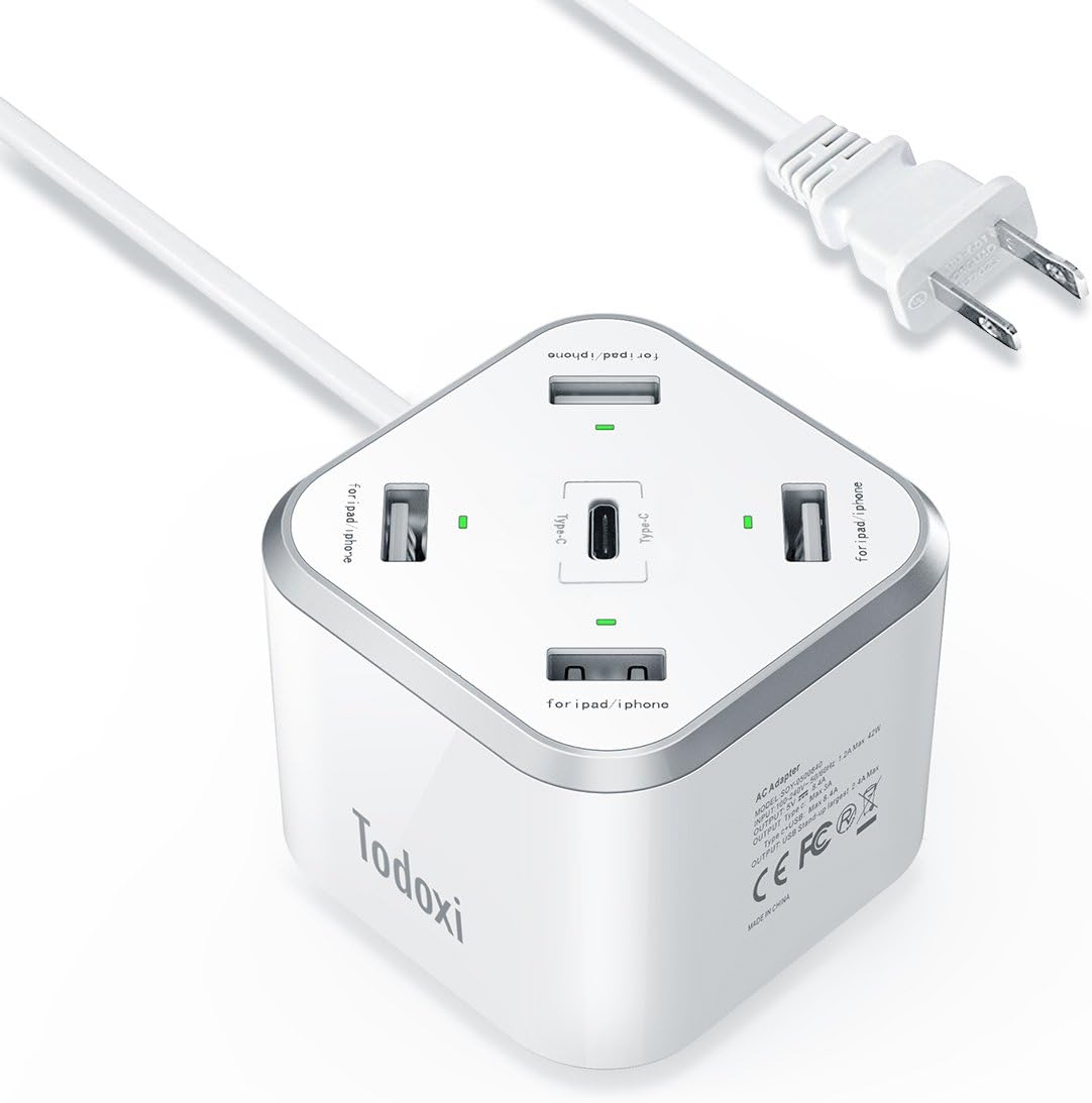USB C Charger,Todoxi 42W 5-Port Desktop Charger, Multi-Port Charging Station,Charger Hub for Apple iPhone,iPad,MacBook Pro,Samsung,Nintendo Switch and More,White