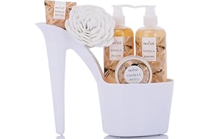 Spa Gift for Women - 5 Pcs Luxury Vanilla Scented Heel Shoe Spa Gift Basket for Women - Bath and Body Set w/ Lotion & Butter, Shower Gel, Bubble Bath #1 Anniversary Day Gift Ideas By Draizee