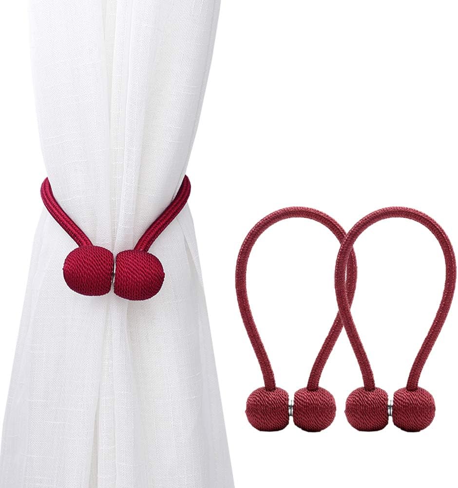 DEZENE Magnetic Curtain Tiebacks, 2 Pack Decorative Drape Tie Backs Rope Holdback Holder for Small, Thin or Sheer Window Drapries, 12 Inch Long, Wine Red