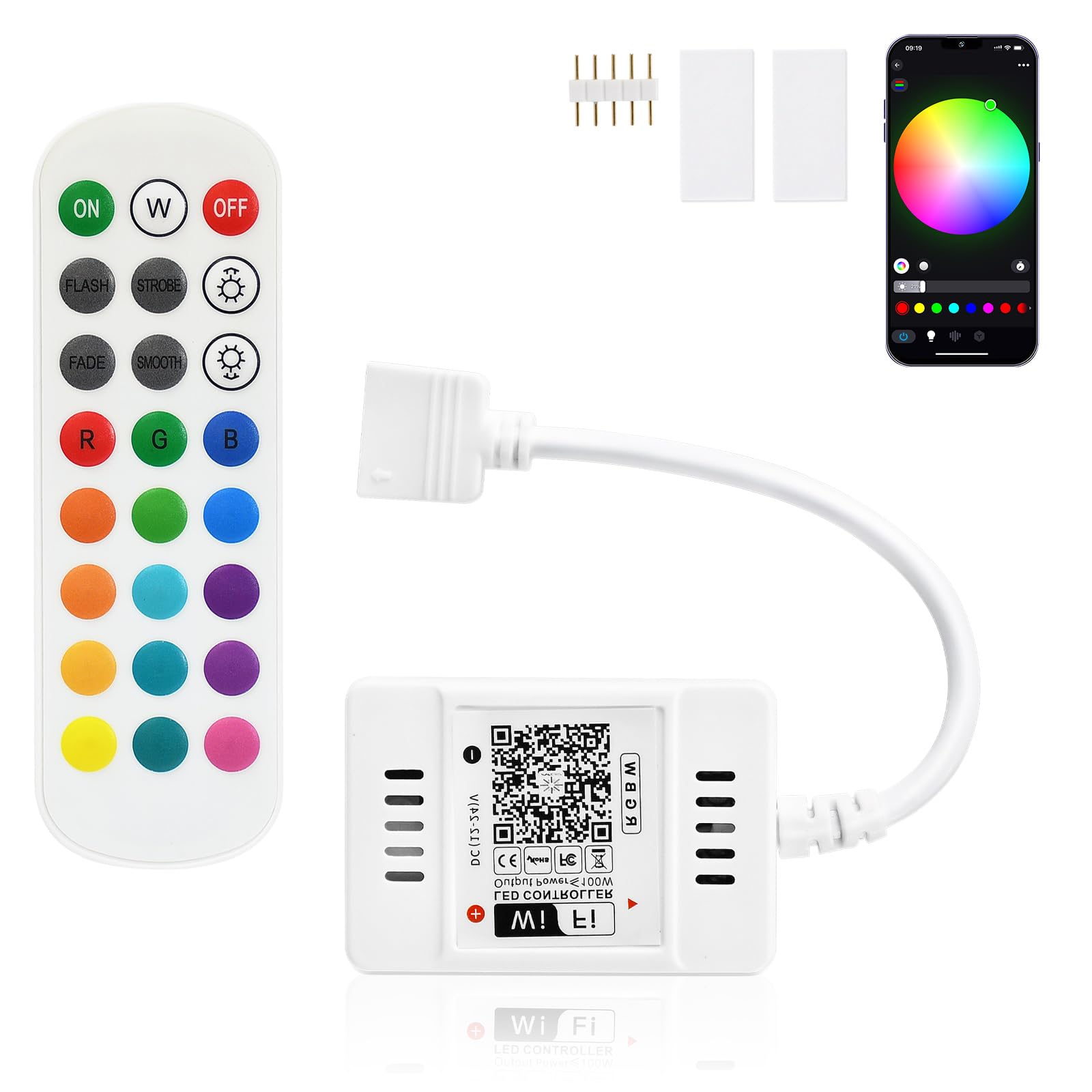 INDARUN WiFi Smart RGBW Led Strip Light Controller + Remote Control 24 Keys Wireless for Multicolor Strip Lights, Compatible with Android/iOS Work with Alexa/Google Home