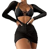 SherryDC Women's Sexy 3 Piece Swimsuits Halter Triangle Bikini Sets with Long Sleeve Cover Up Drawstring Bathing Suit