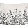 Emvency Tapestry Floral Border Herbs and Wild Flowers Botanical Engraving Style Black and White Home Decor Wall Hanging 50" x 60" Inches Print for Living Room Bedroom Dorm