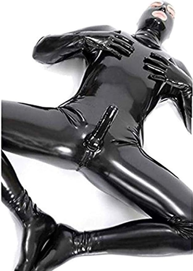 BOYH Sexy Men Wet Look DS Stage Catsuit Clothing Prisoner Patent Leather Jumpsuits Cosplay Zentai Catsuit Gloves Mask Bodysuit,L