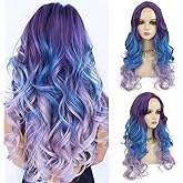 Dai Cloud Blue Purple Long Curly Wavy Wig for Women Middle Part Natural Soft Looking Synthetic Cosplay Halloween Costume Hair Wig