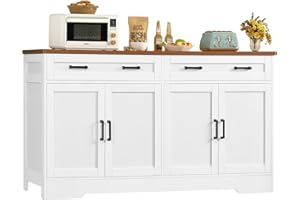 TEENFON 55” Buffet Cabinet with Storage and 2 Drawers, Large Sideboard Cabinet with 2 Adjustable Shelves and 4 Doors, Coffee 