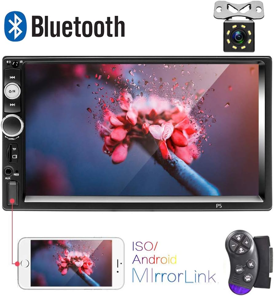 AMprime Bluetooth Car Stereo 2 Din 7 Inch Touch Screen Car Radio FM Receiver MP5 Player Mirror Link for iOS/Android Phone with Dual USB AUX-in SD Slot+ Backup Camera + Steering Wheel Remote Control