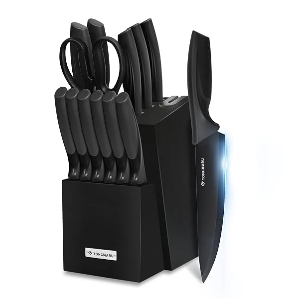 KNIFE SET WITH SHARPENER – 15 PCS HIGH CARBON STAINLESS STEEL KNIVES BLOCK SET, STAINLESS STEEL KNIFE SET, BUILT-IN SHARPENER KITCHEN KNIFE SET, WITH ANTI SLIP AND ERGONOMIC HANDLES (BLACK)