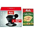 Melitta Pour Over Coffee Cone Brewer & #2 Filter Natural Brown Combo Set, Black