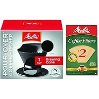 Melitta Pour Over Coffee Cone Brewer & #2 Filter Natural Brown Combo Set, Black
