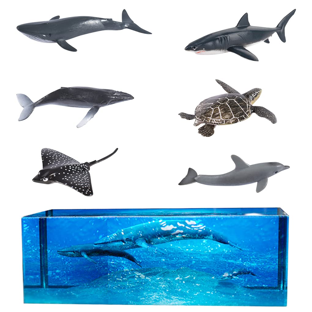 FineInno 6 Pcs Resin Fillers Sea Creatures, Realistic Ocean Animals with Shark Whales Sea Turtle Dolphin, 3D Sea Animal Figures for Epoxy Resin Mold Filling Materials