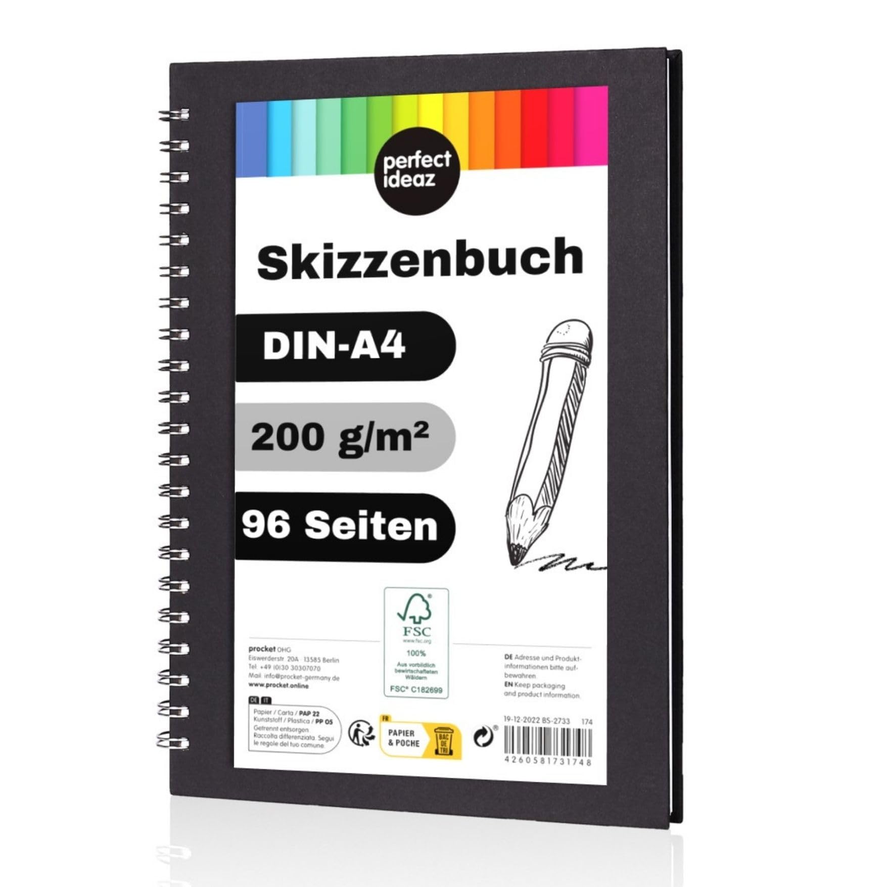 perfect ideaz DIN-A4 Sketch Book 96 Pages (48 Sheets), Professional Drawing Block, Black hardcover, Spiral Binding Book with White Blank Paper, 200 g, Blank Sketch & Black Book for Drawing
