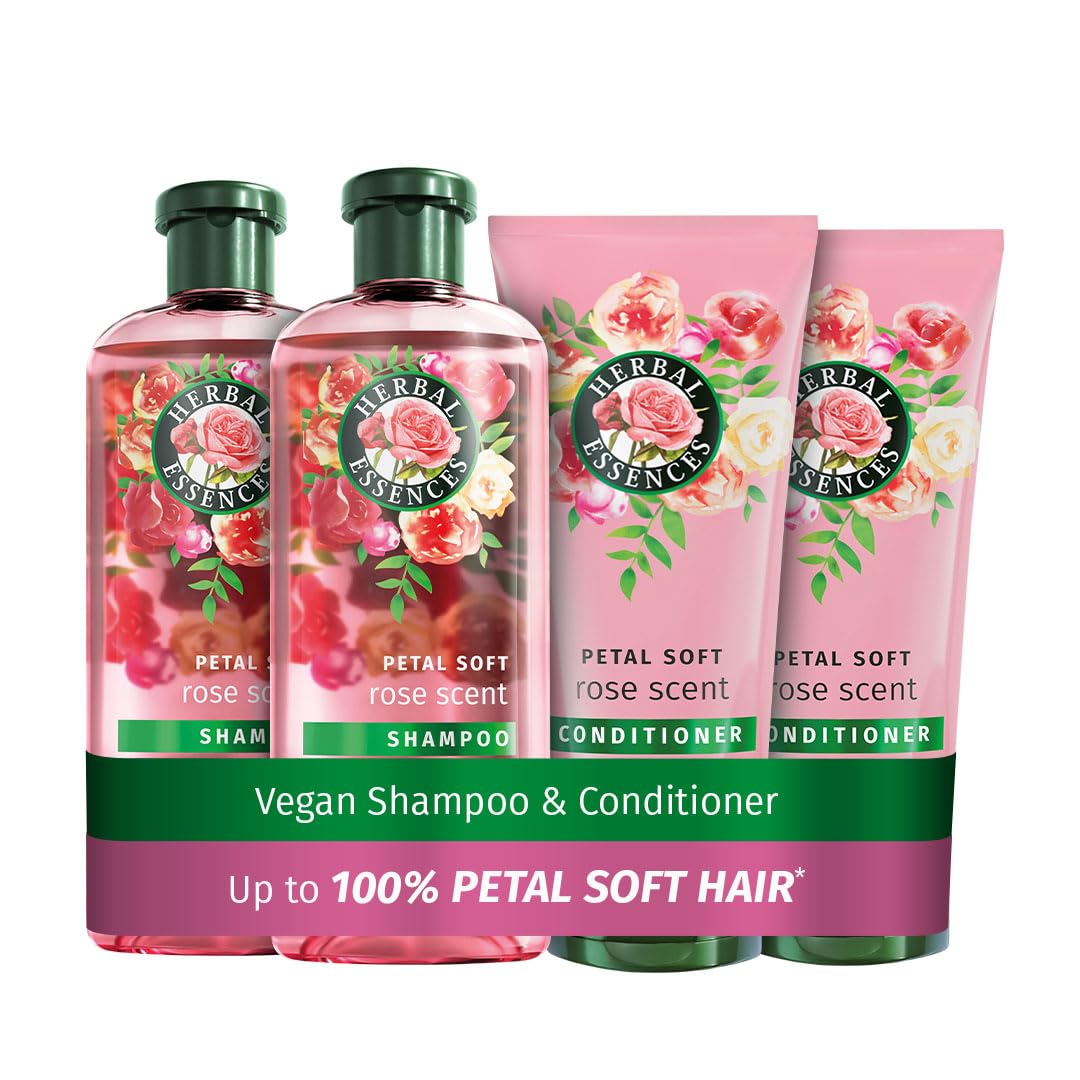 Herbal Essences Rose Scent Petal Soft Shampoo and Conditioner Set (2x350ml, 2x250ml) | Nourishes & Smoothens Dry Hair | Blended with Rose Essence & Natural Origin Ingredients | Vegan & Cruelty Free