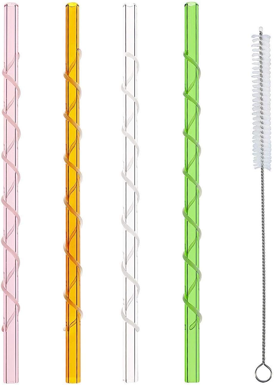 TIANYUAN 4pcs 9" 9mm Reuseable Straight Glass Straws White Stripe with 1 Cleaning Brush Green Amber Pink Clear