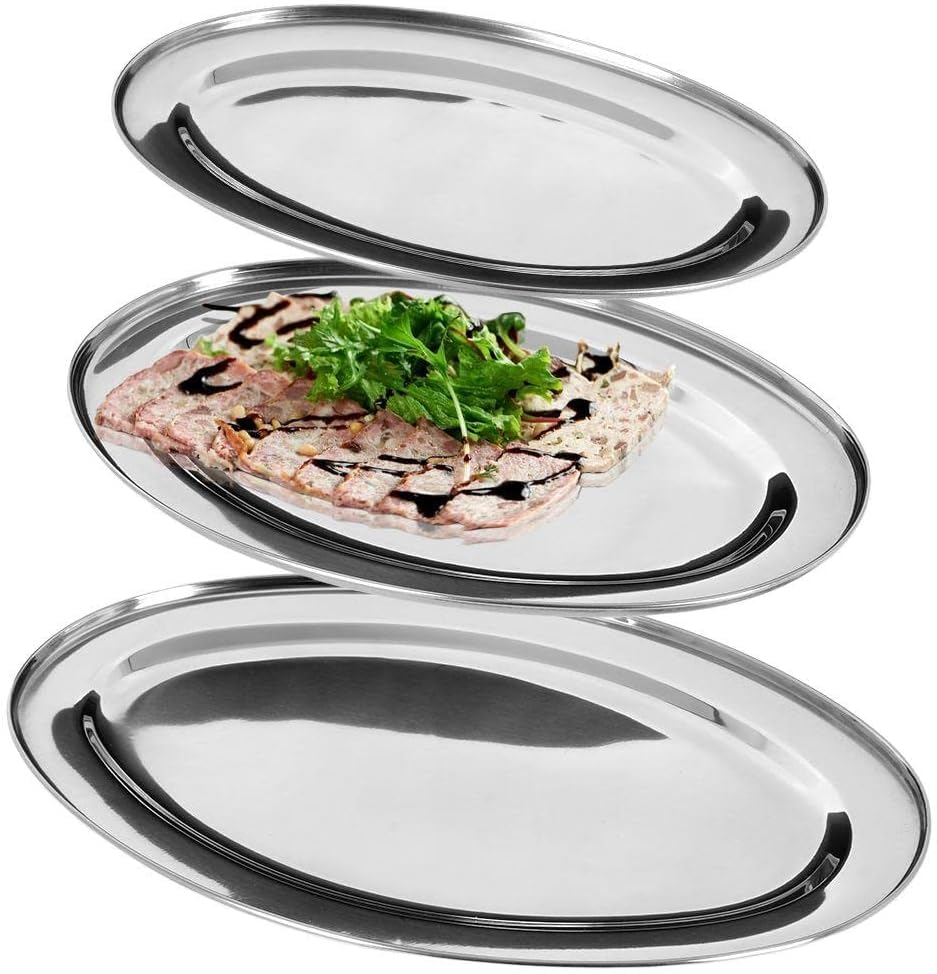 Vilde Serving Tray Serving Plates Waiter Tray Stainless Steel Silver Oval Serving Tray 3 Pack