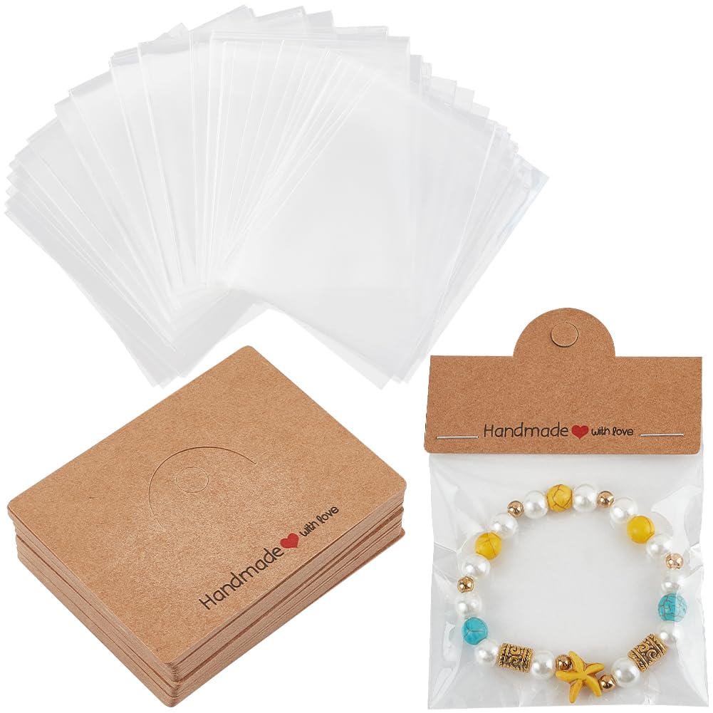 SOFPLATE 100Pcs Jewellery Display Cards with 100Pcs Bracelet Packaging Bags Brown Paper Foldable Header Card Holders Small Craft Package Set for Jewellery Hanging Selling Showing Small Business