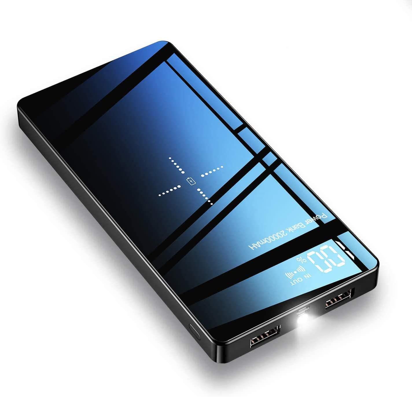 Wireless Power Bank Portable Charger 20000mAh Capacity with Flashlight Tempered Glass Panel-LED Display 10W Fast Wireless Charger 4 Outputs & 3 Inputs (Black, Non-PD/QC)