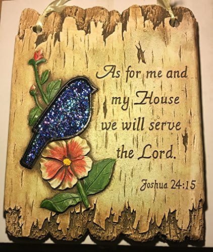 Ceramic "Wooden" Carving Wall Plaque decor with Blue Sparkling Bird. Joshua 24:15 As For Me And My House We Will Serve The Lord