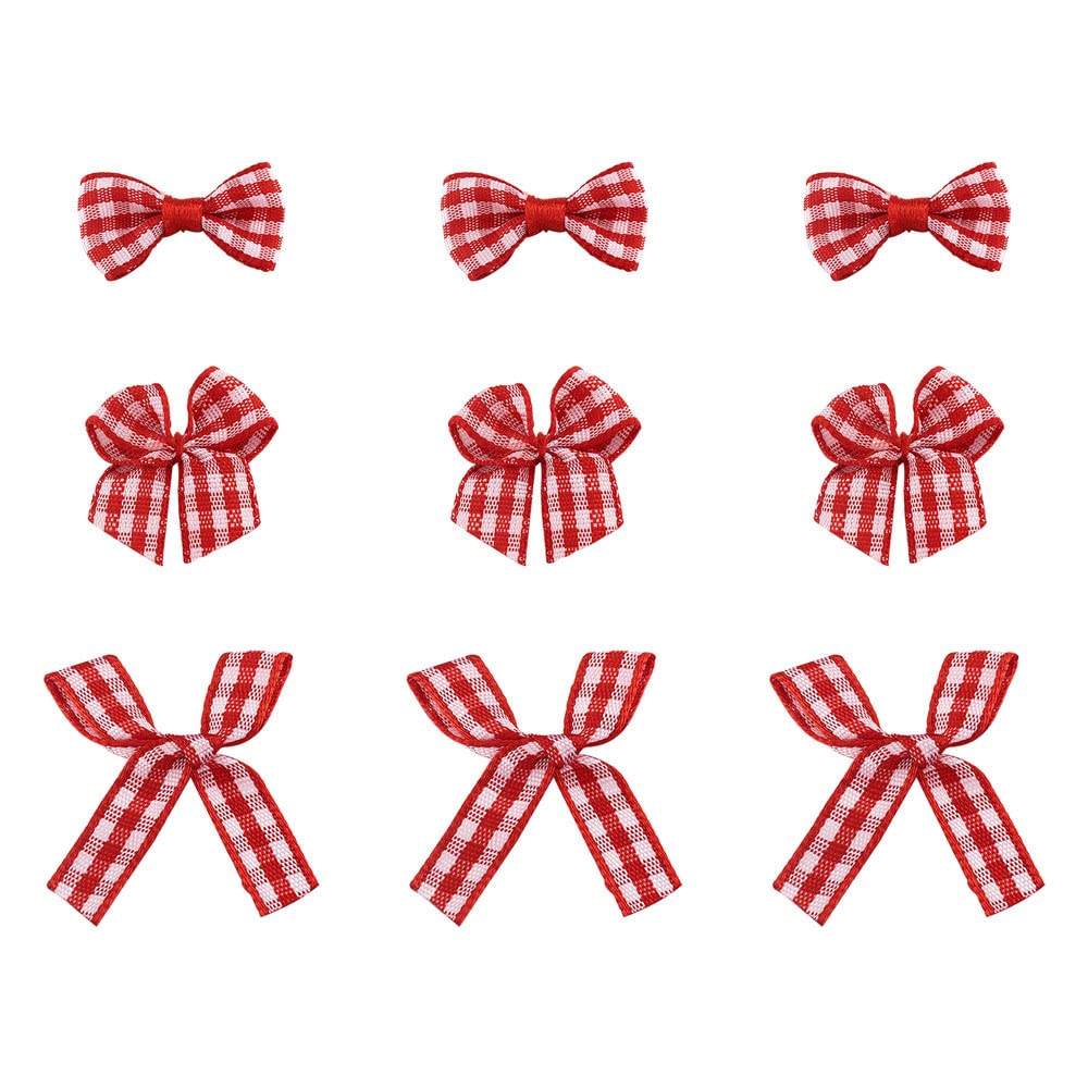 Pandahall 300pcs Red Gingham Ribbon Bows Mixed Size Mini Christmas Buffalo Plaid Bowknot Appliques 2.5-3.7mm Wide Double Face for Xmas Tree, Sewing, Scrapbooking, Wedding, Gift