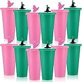 SiliFine 12 Sets 24 oz Pink and Green Witch Plastic Cups with Lid Straws and Straw Covers Bulk Witch Party Favors Gift Reusable Witches Tumblers Movie Theme Birthday Friendship Day Musical Play Supply
