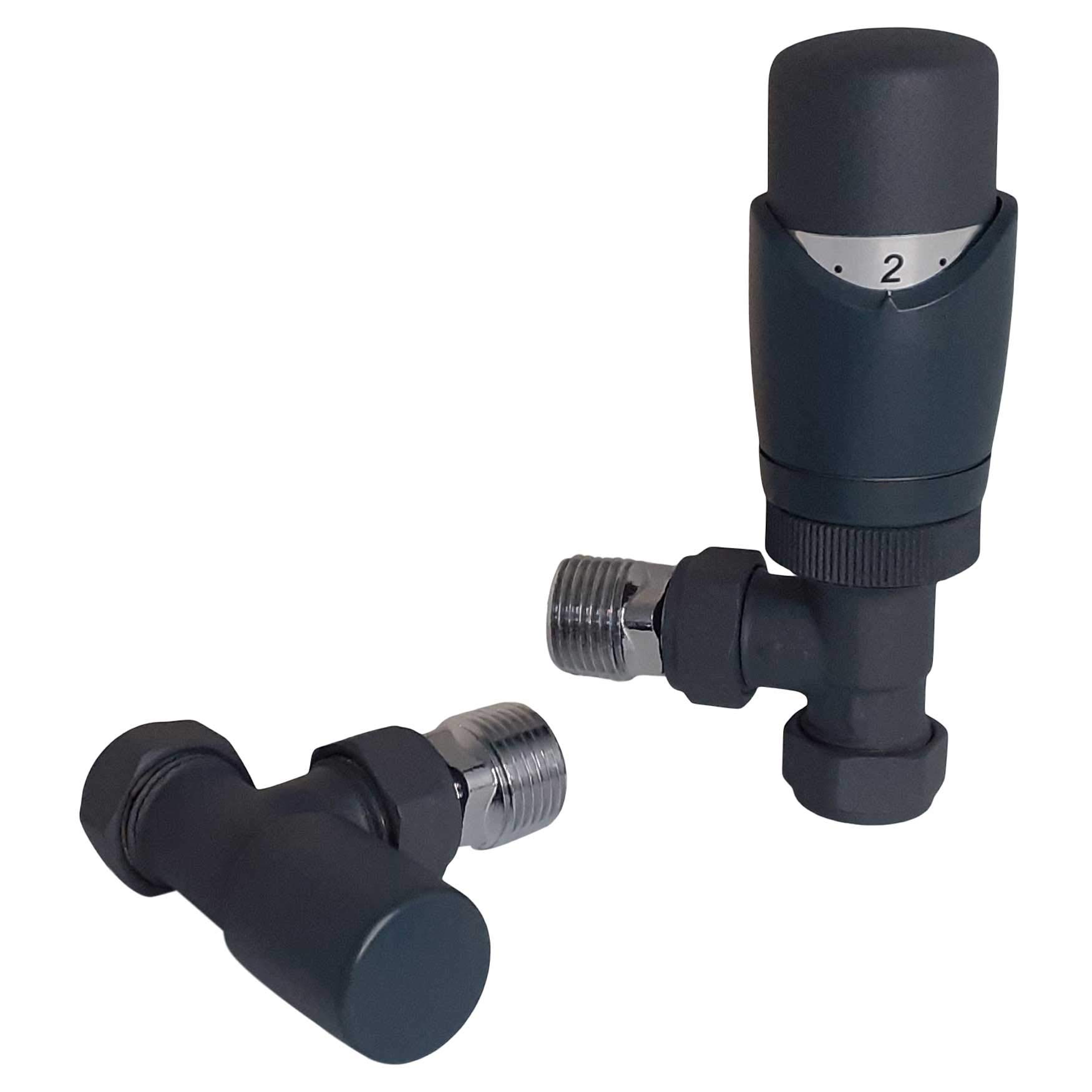 Anthracite Radiator Valves - Thermostatic Radiator Valve Set for a Vertical Radiator - Angled Radiator Valves including an Angled TRV & Lockshield Valve | Sidato Caldo