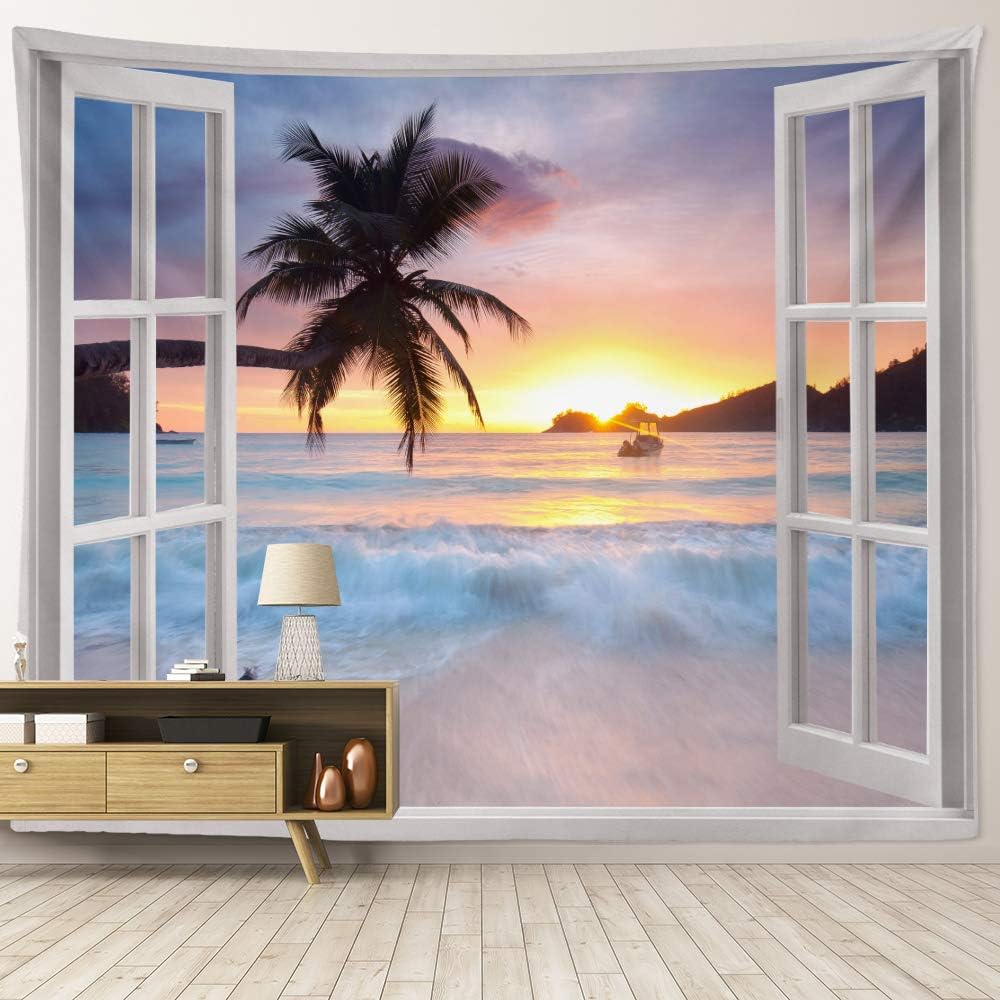 HIYOO Home Sunrise Beach Tapestry Wall Hanging, Sunset Sea Ocean Tapestry Tropical Seashore Island Wall Tapestry Beach Wave Nature Tapestry, Beach Wall Decor for Dorm Bedroom Living Room 90"W x 71"L